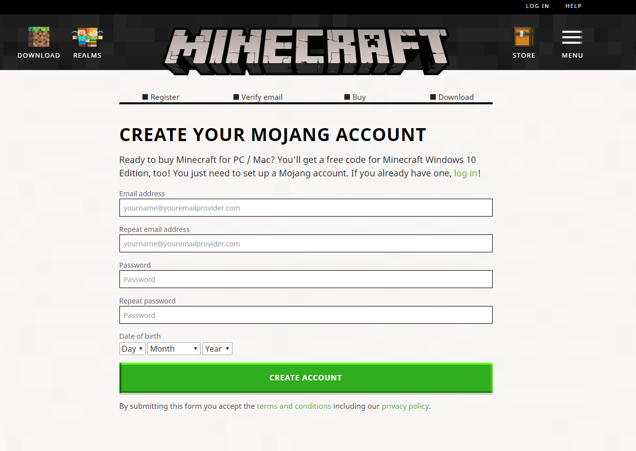 Vytvoření Minecraft účtu
